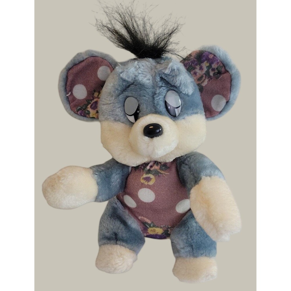 Moray Toys Mouse Plush Vintage Floral Polka Dot Stuffed Animal Blue Purple 9 in